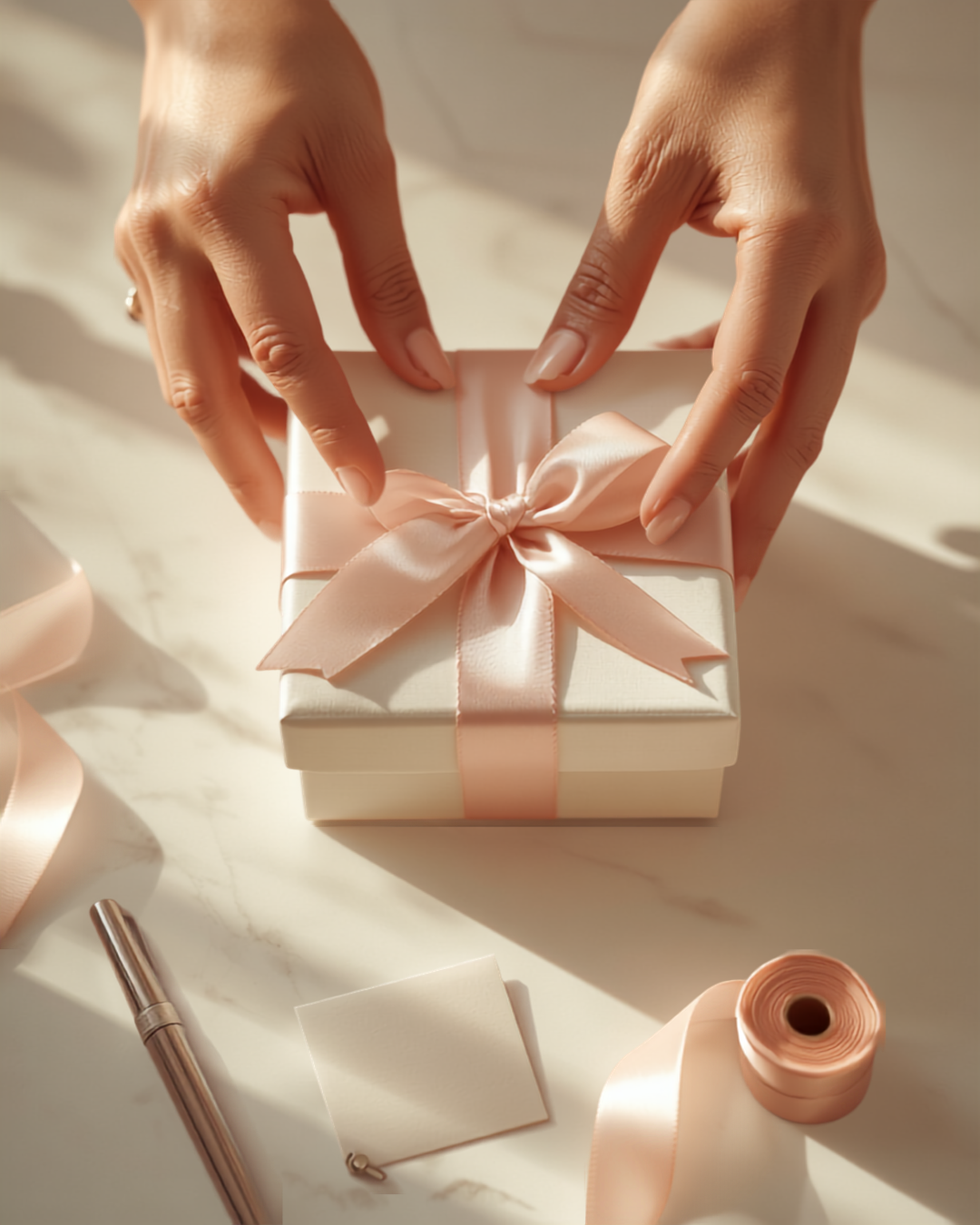 Luxury Gift Wrap & Handwritten Card — hands tying a pink ribbon bow on a cream gift box